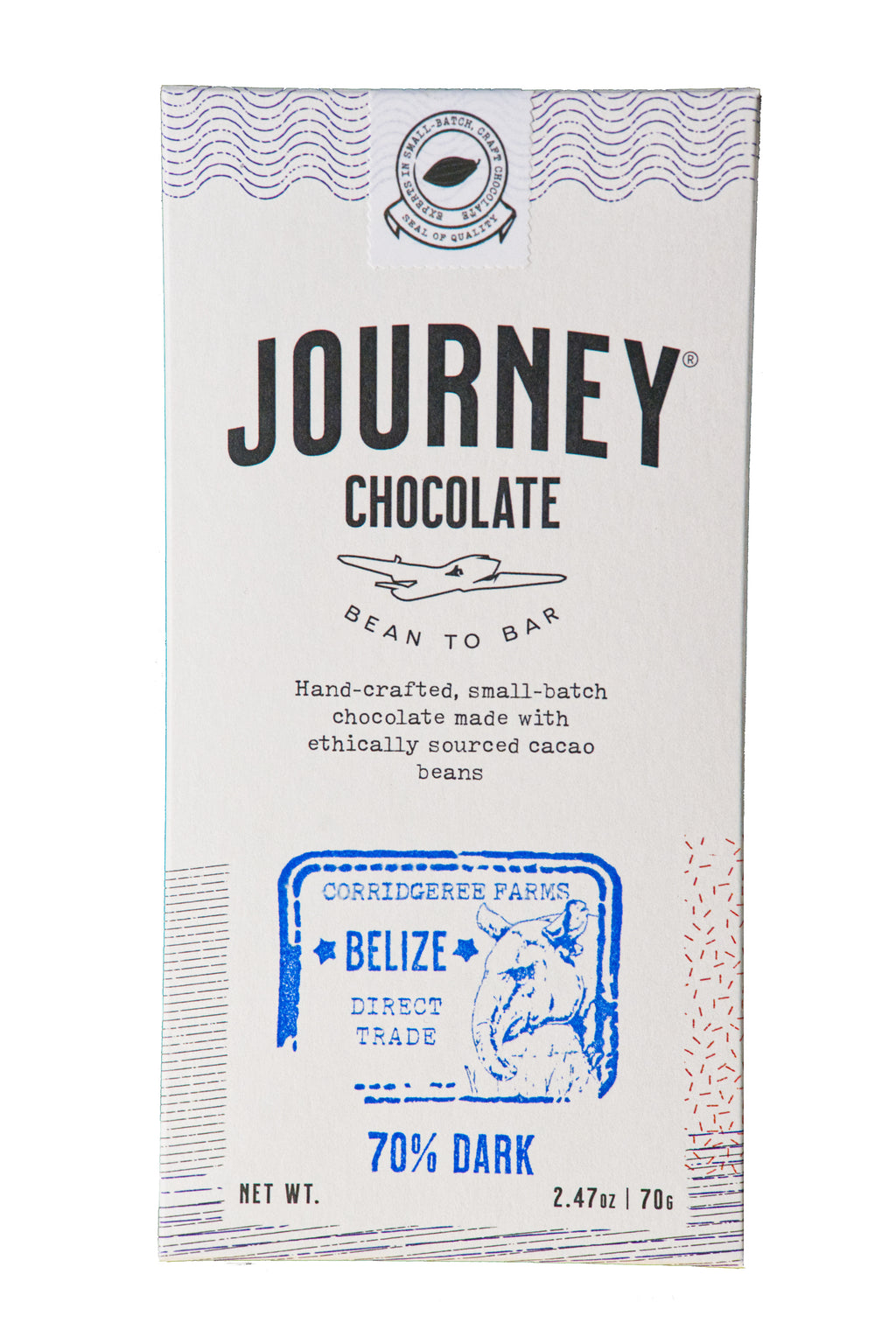 A large size packaged Journey Chocolate bar in an off-white cardboard box with wavy US postal service lines across the top, lower sides and bottom of the box. A white postage stamp style seal with a cacao pod in the middle seals the box, with the words "Experts in small-batch, craft chocolate" in a circle around the image and the words "Seal of Quality" at the bottom. The journey chocolate logo is centered on the bar and a Belize 70% dark stamp centered on the bottom, net weight 2.47 oz or 70 grams