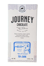 Load image into Gallery viewer, A large size packaged Journey Chocolate bar in an off-white cardboard box with wavy US postal service lines across the top, lower sides and bottom of the box. A white postage stamp style seal with a cacao pod in the middle seals the box, with the words &quot;Experts in small-batch, craft chocolate&quot; in a circle around the image and the words &quot;Seal of Quality&quot; at the bottom. The journey chocolate logo is centered on the bar and a Belize 70% dark stamp centered on the bottom, net weight 2.47 oz or 70 grams
