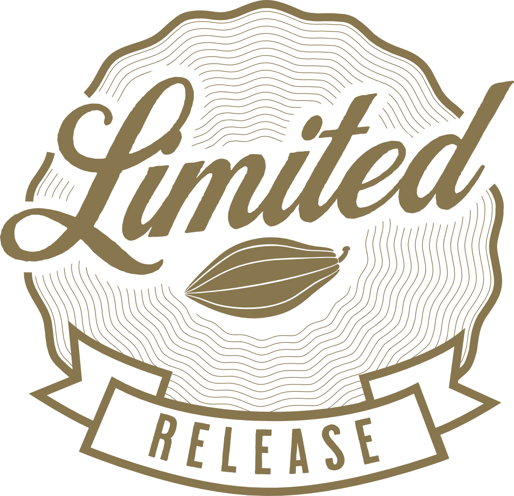 A gold line drawn seal with a cacao pod in the middle, with the word “Limited” in cursive in wavy concentric circles around the image and the word “Release” at the bottom in a banner.