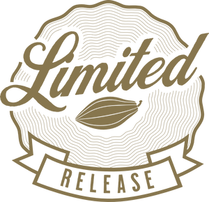 A gold line drawn seal with a cacao pod in the middle, with the word “Limited” in cursive in wavy concentric circles around the image and the word “Release” at the bottom in a banner.